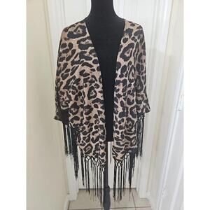 Women's Leopard Print Fringed Cardigan L Dolman Sleeves Cowgirl